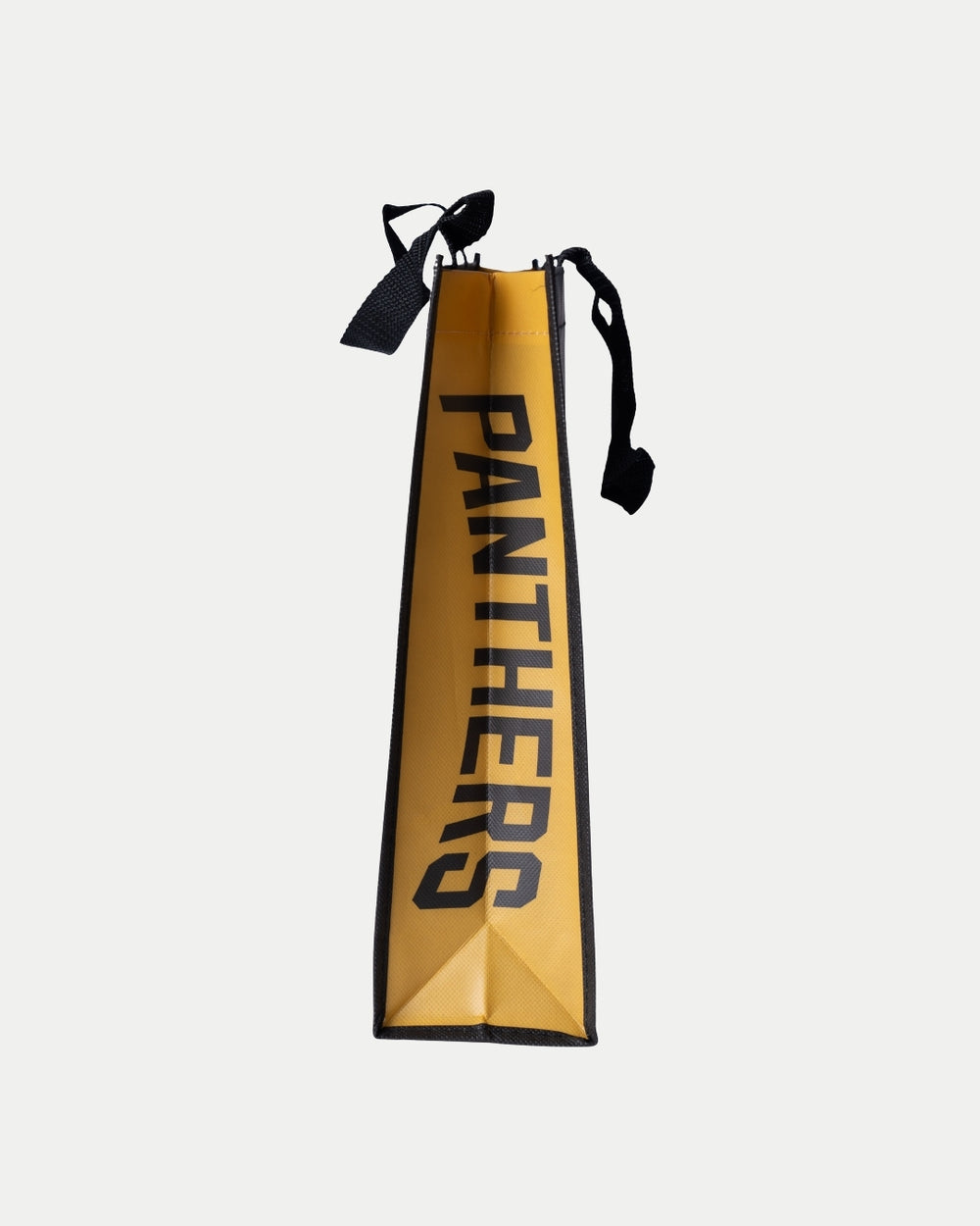A small reusable tote bag from The Nottingham Panthers, yellow and black with PANTHERS printed vertically in bold, featuring a comfortable black shoulder strap and sturdy side handle for easy carrying.