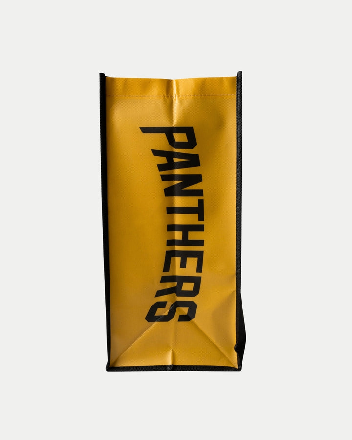 A yellow and black Large Reusable Tote Bag from The Nottingham Panthers stands upright, featuring “PANTHERS” printed vertically in bold black letters on the front.
