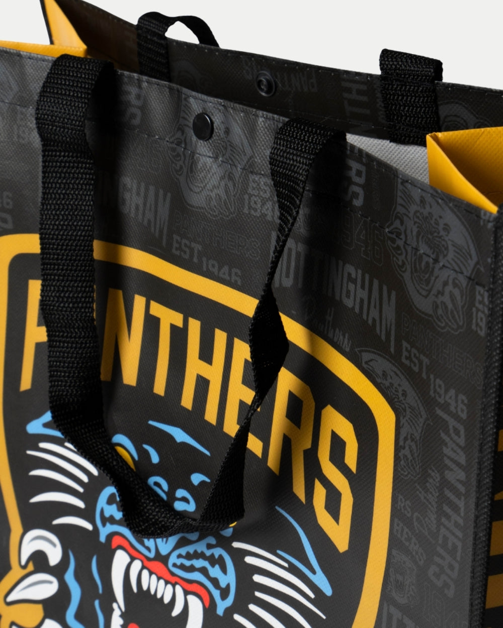 No keywords were provided to blend into the description. Please provide one or two keywords to integrate for the Large Reusable Tote Bag by The Nottingham Panthers.