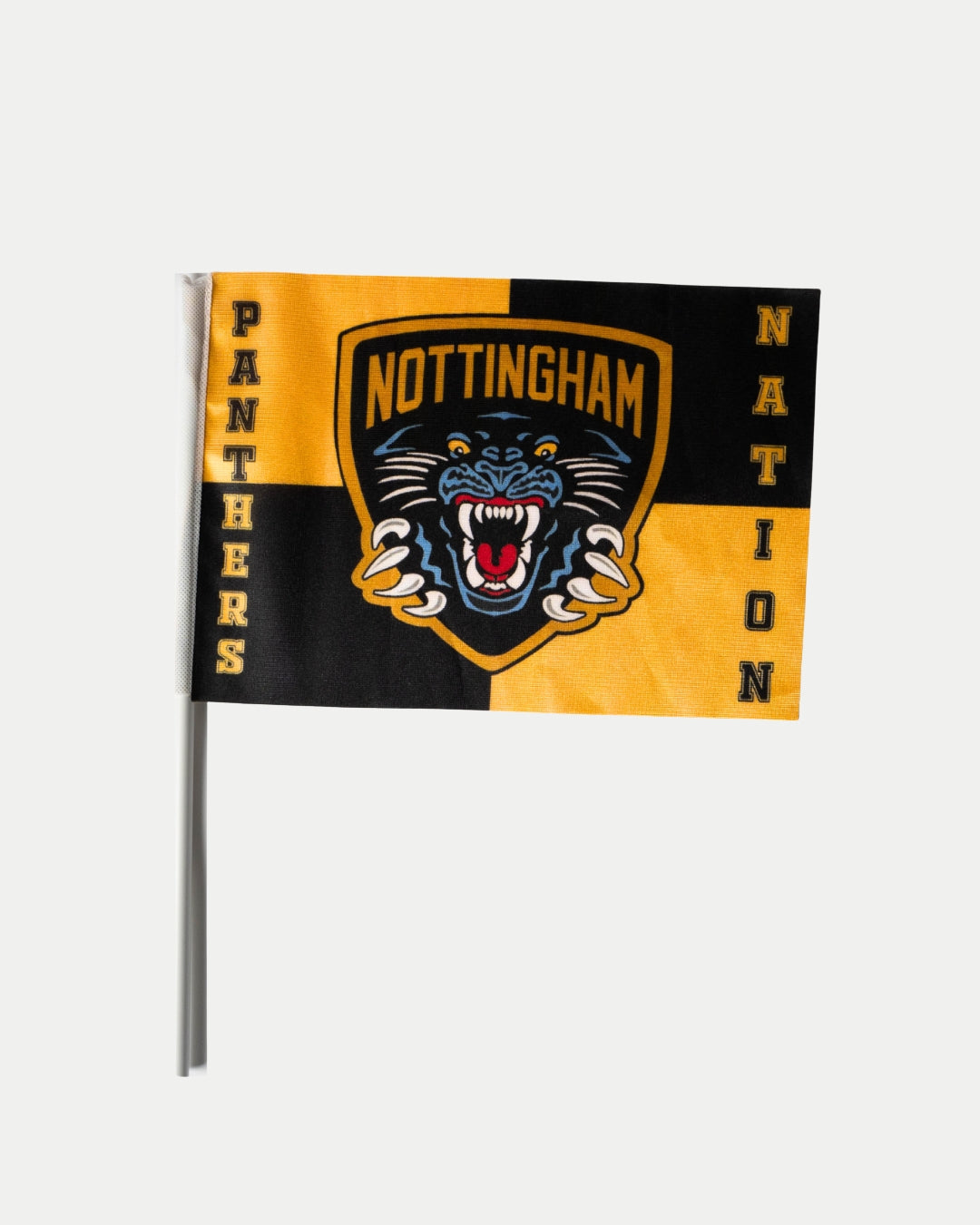 The Nottingham Panthers Handheld 20x30cm Flag showcases a bold black and yellow checkered design, a roaring panther logo with NOTTINGHAM above it, plus PANTHERS and NATION on the sides.