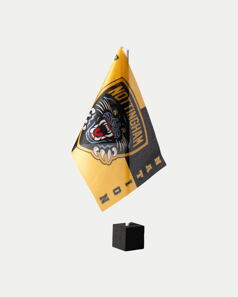 The Nottingham Panthers Handheld 20x30cm Flag, featuring a roaring panther and Nottingham in yellow and black on a sleek black base, is shown against a plain white background.