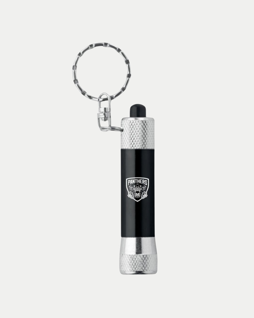 The Nottingham Panthers Torch Keyring is a compact black and silver flashlight with the team’s bold logo on the side, plus a sturdy metal key ring at the top for easy carrying.
