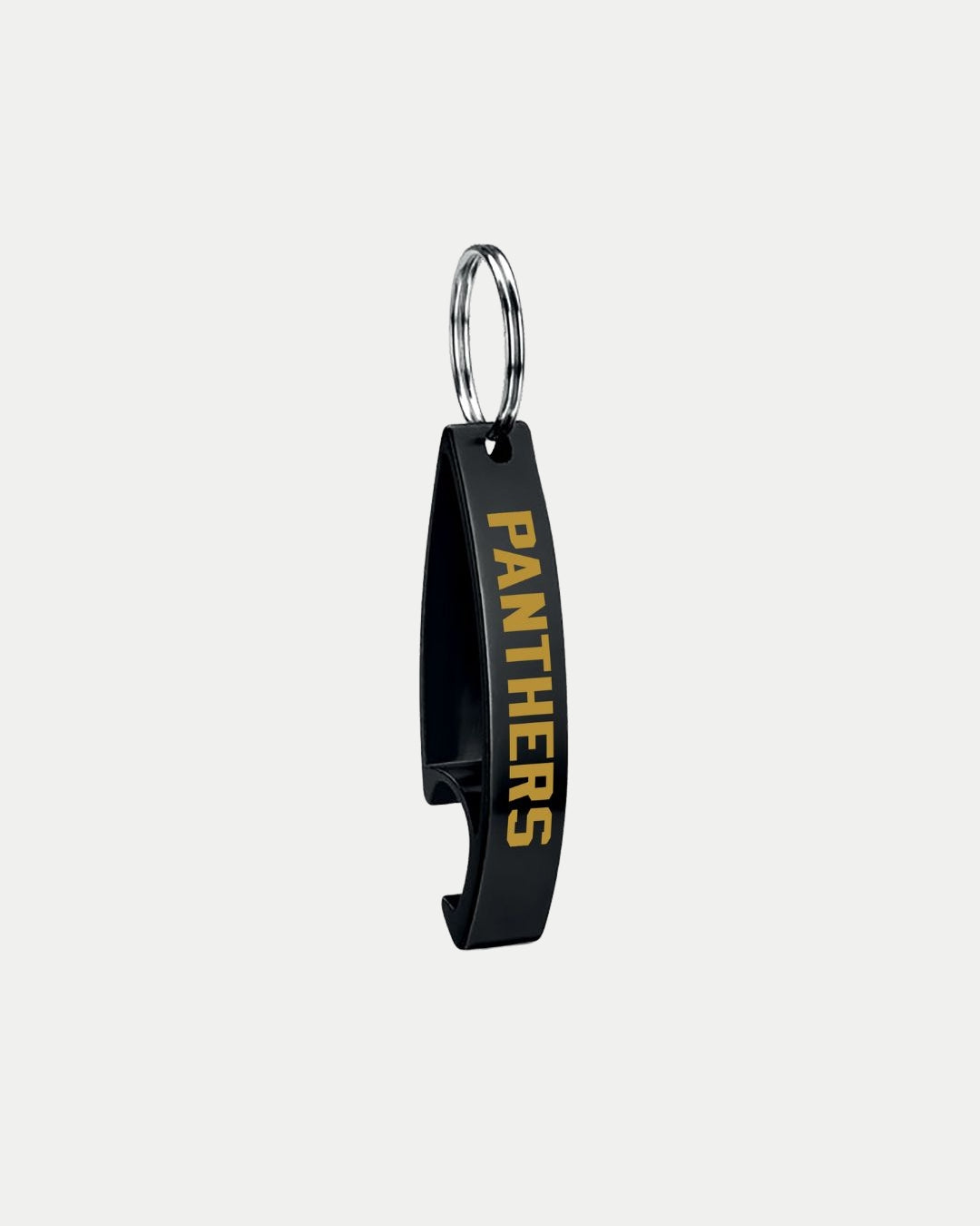 A sleek black Bottle Opener Keyring by The Nottingham Panthers, featuring PANTHERS in bold yellow capital letters along the side.