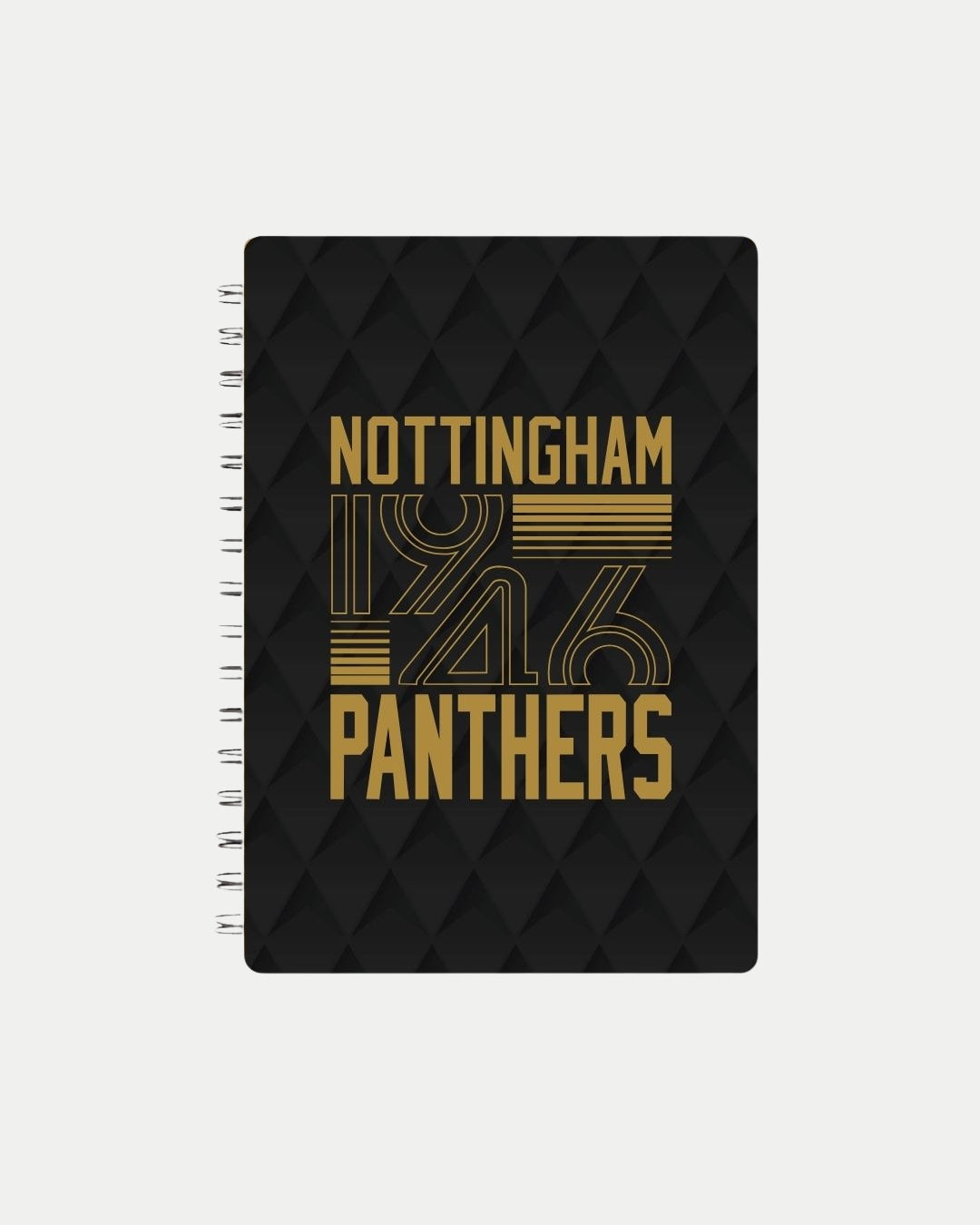 The Nottingham Panthers A5 Crop Block Logo Notebook features a black spiral binding and a bold geometric cover—ideal for fans and stylish note-takers who want to show their team pride.
