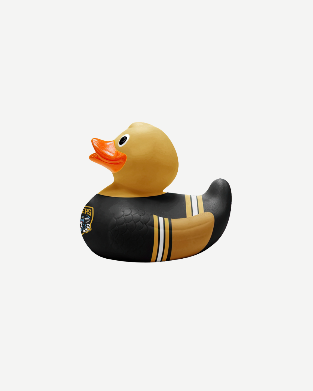 The Panthersland Nottingham Panthers Rubber Duck features a yellow duck in a black outfit with yellow and white stripes and a small tiger logo, shown against a plain white background.