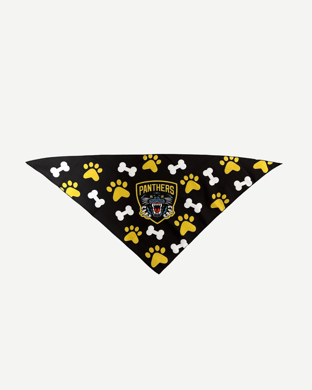 The Panthersland Nottingham Panthers Dog Bandana is a black, triangular accessory with yellow paw prints, white bones, and a central snarling panther logo.