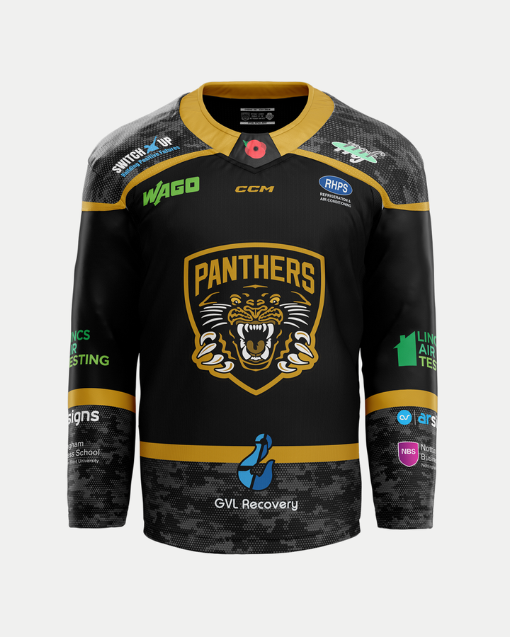 The Panthersland 2025/26 Classic Replica Remembrance Jersey is a black sublimated jersey with gold trim, a roaring panther logo and “PANTHERS” on the chest, sponsor logos, and a digital camouflage sleeve pattern.