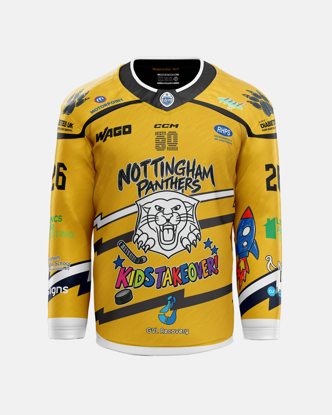 Introducing the 2026/27 Classic Team Replica Kids Takeover Jersey by The Nottingham Panthers—a vibrant yellow hockey jersey showcasing a roaring panther, crossed hockey sticks, and lively “Kids Takeover!” text surrounded by colorful cartoon graphics like a blue rocket and stars. This official replica is the perfect choice for young fans eager to celebrate in authentic team style.