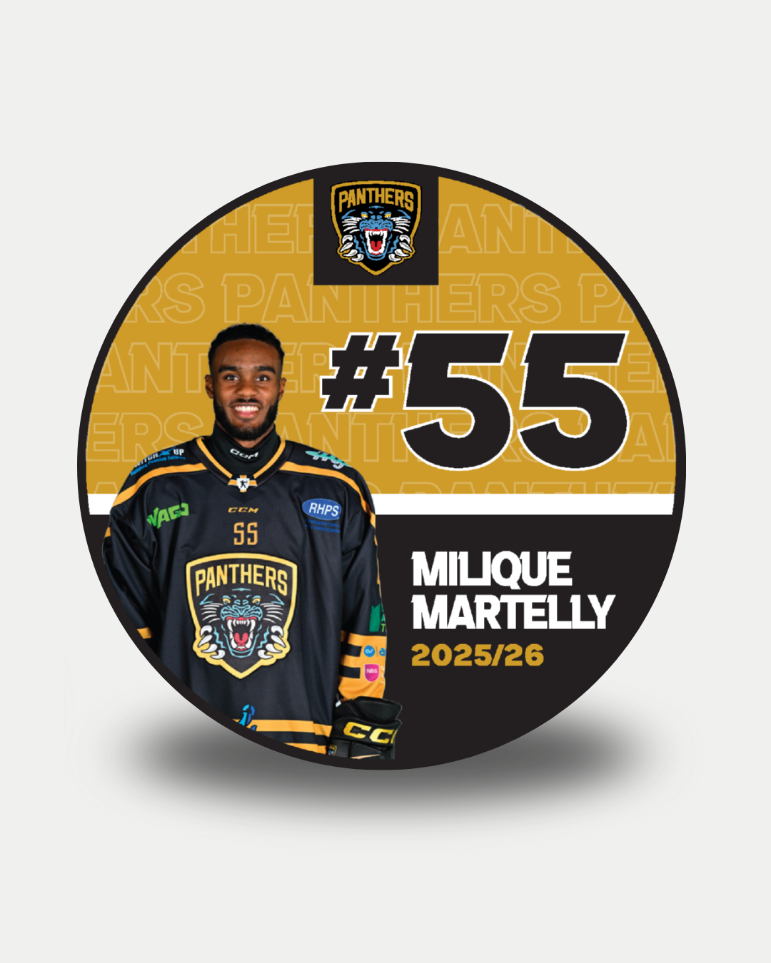 A circular graphic shows ice hockey player Milique Martelly (#55) in a black Nottingham Panthers jersey. Set against a gold background with the Panthers logo, it highlights the limited edition 2025-26 Panthers Player Pucks by Nottingham Panthers.