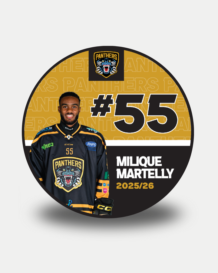 A circular graphic shows ice hockey player Milique Martelly (#55) in a black Nottingham Panthers jersey. Set against a gold background with the Panthers logo, it highlights the limited edition 2025-26 Panthers Player Pucks by Nottingham Panthers.