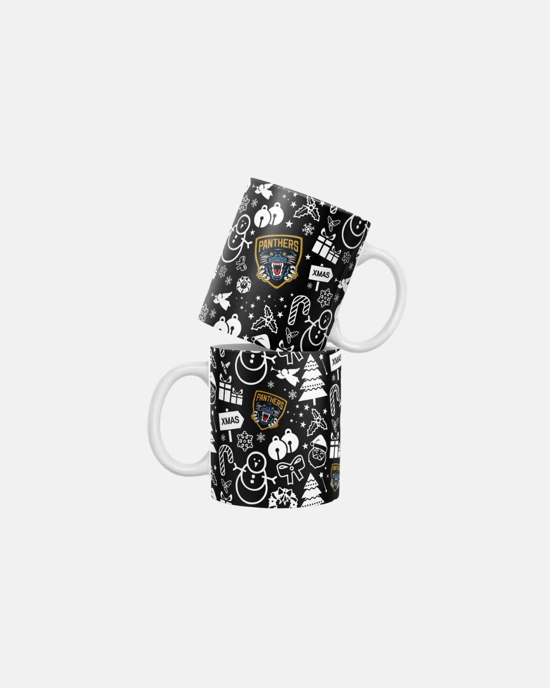 Two black Nottingham Panthers Icons Pattern Mugs stacked vertically, patterned with white holiday icons and the team logo.