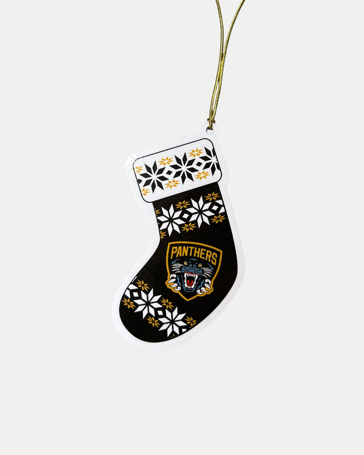 The Panthersland Wooden Stocking Christmas Tree Decoration features a black and white snowflake pattern, the Panthers crest with a roaring panther head, and hangs by a gold string—perfect for your holiday tree.