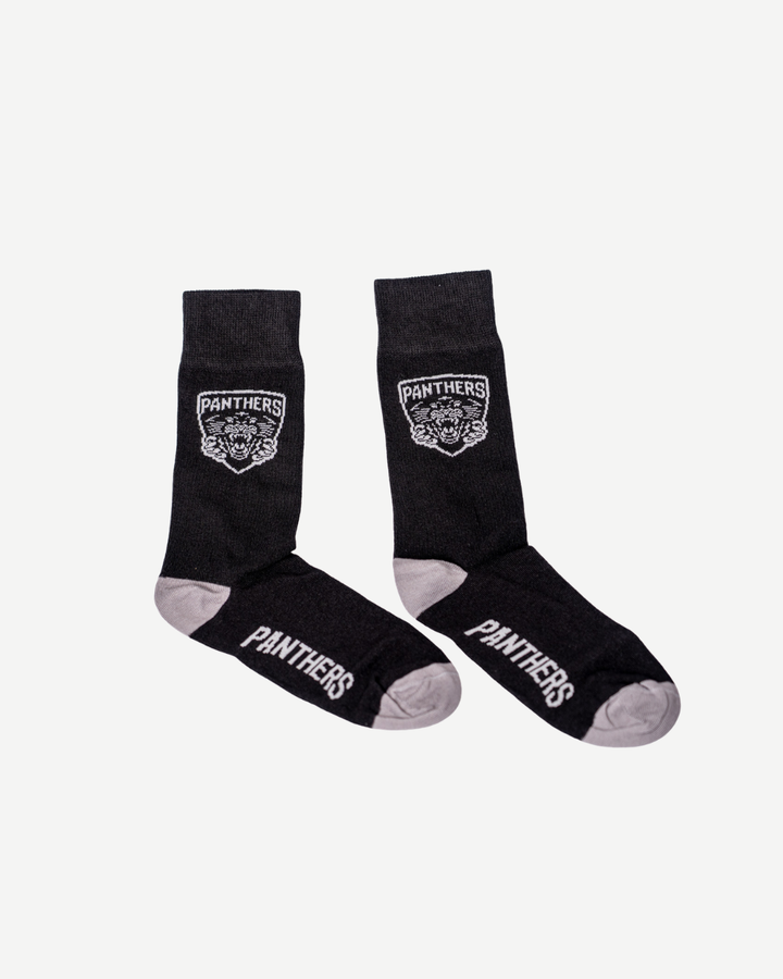 Panthersland Nottingham Panthers Socks: black with gray toes and heels, featuring the Panthers crest and panther head on the front, plus "PANTHERS" printed on the soles.