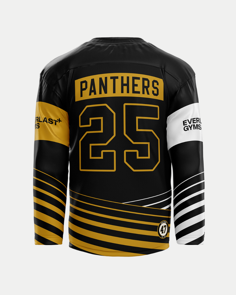 Back view of a Panthersland 2025/26 Classic Custom Replica Home Warm-Up Jersey in black with gold and white stripes, "PANTHERS" above number 25, EVERLAST GYMS on sleeves, and ’47 logo near the lower hem.