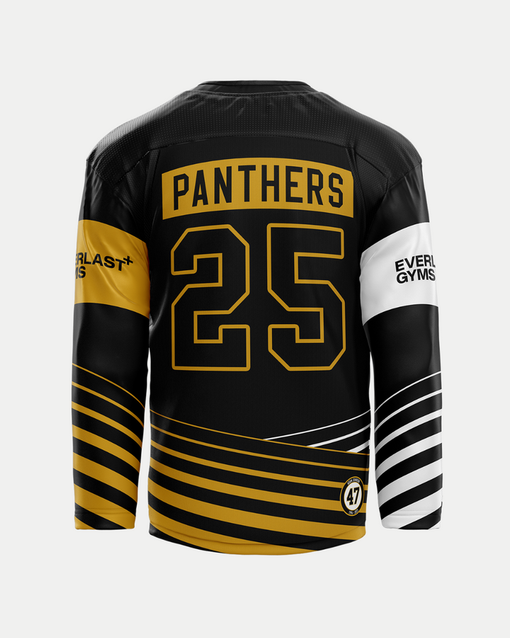 Back view of a Panthersland 2025/26 Classic Custom Replica Home Warm-Up Jersey in black with gold and white stripes, "PANTHERS" above number 25, EVERLAST GYMS on sleeves, and ’47 logo near the lower hem.