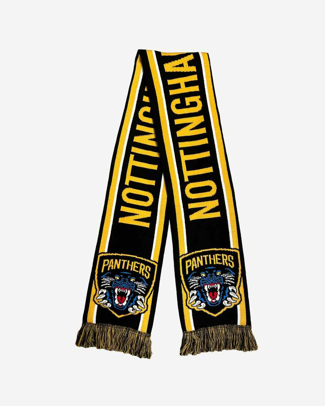 The Panthersland Nottingham Panthers 2026 Stripe Text Scarf features bold yellow "NOTTINGHAM" text, a fierce panther logo with "PANTHERS" on each end, black and yellow stripes, and stylish gold fringes—perfect for any dedicated Panthers fan.