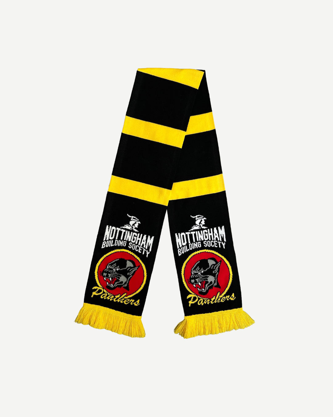 The Panthersland Nottingham Panthers Striped Retro Scarf is black with wide yellow stripes and fringes. It features the Nottingham Building Society logo and a snarling panther head with "Panthers" in a red and yellow circle at each end.