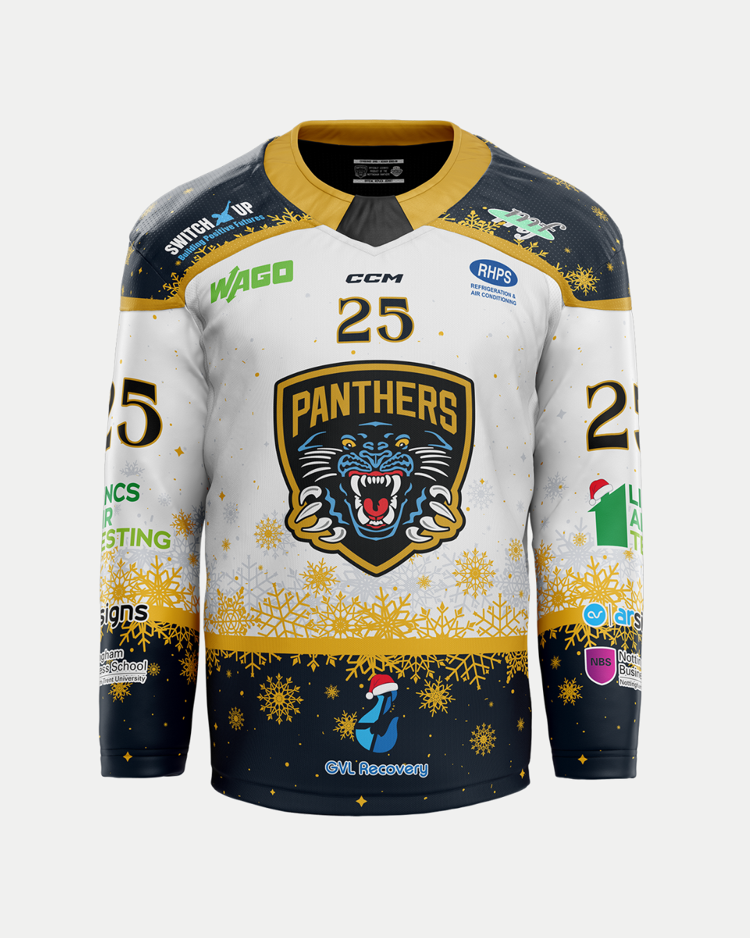 The Panthersland 2025/26 Classic Replica White Christmas Jersey features a roaring panther logo, number 25, sponsor logos, gold snowflakes on a white and dark background, and gold trim on the collar and cuffs.