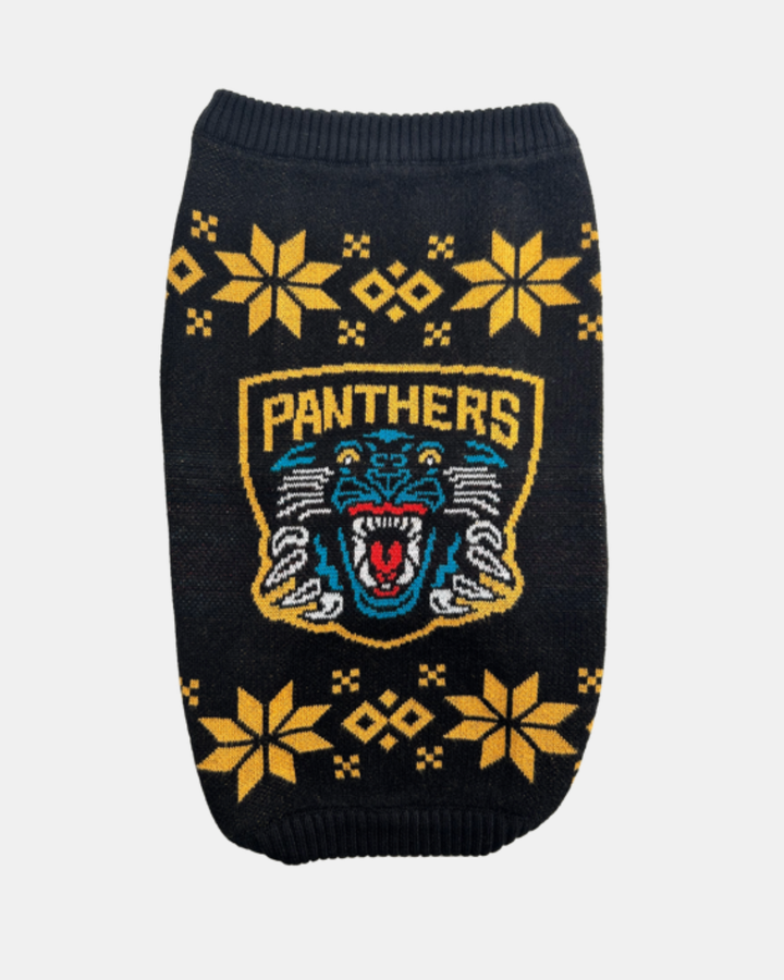 The Panthersland Nottingham Panthers Dog Jumper is a black knit sweater with yellow snowflake patterns and a roaring blue panther logo, perfect for showing your dog’s Nottingham Panthers team spirit.