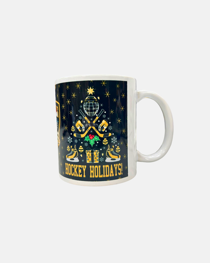 The Panthersland Nottingham Panthers 2026 Christmas Mug is a white mug adorned with a festive design featuring stars, hockey sticks, skates, a present, and the text “HOCKEY HOLIDAYS!” on a dark background—making it perfect for sipping your favorite holiday beverage while celebrating the season or supporting the Nottingham Panthers.