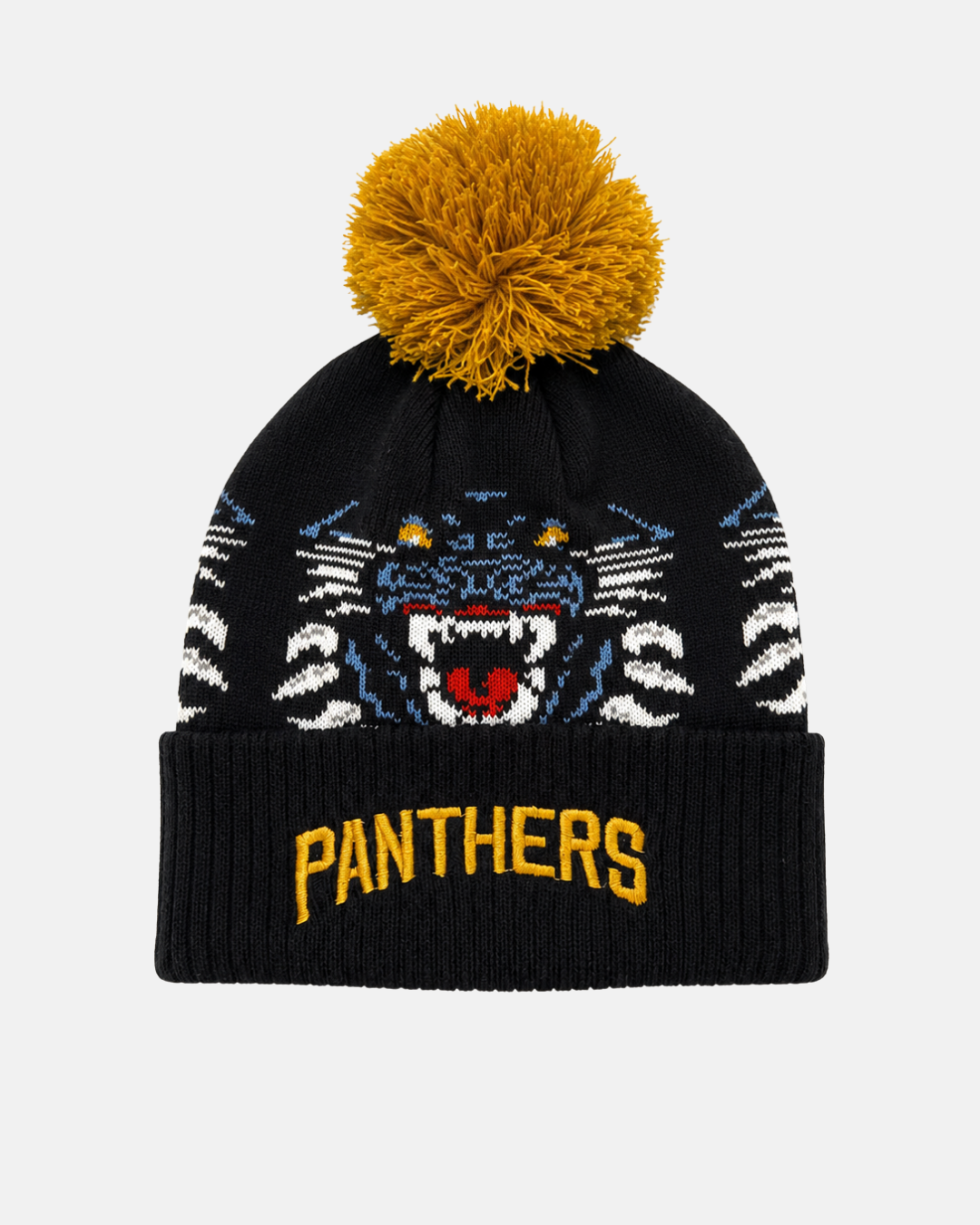 Introducing the Panthersland 26-27 Crest Pom Knit—a stylish black beanie showcasing a vibrant yellow pom-pom, an eye-catching blue roaring panther face design, and “PANTHERS” embroidered in yellow on the cuff.