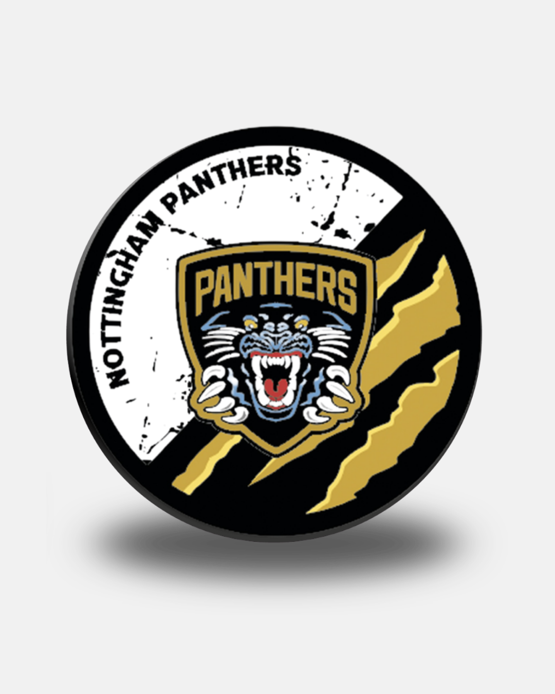 The Panthersland Nottingham Panthers 26-27 Gold Slash Puck features the Nottingham Panthers logo—a roaring panther’s head on a shield with gold claw marks and the “Nottingham Panthers” text around the edge.