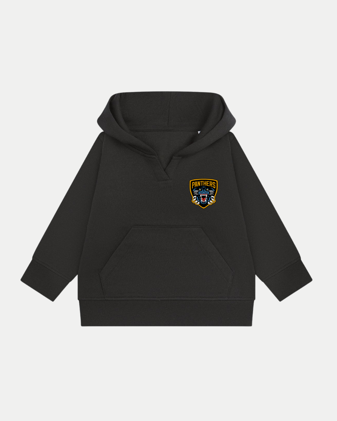 The Panthersland Nottingham Panthers Baby & Junior Hoodie is a black hooded sweatshirt with a front pocket and features the team's panther head logo in yellow, blue, and red on the upper left chest.