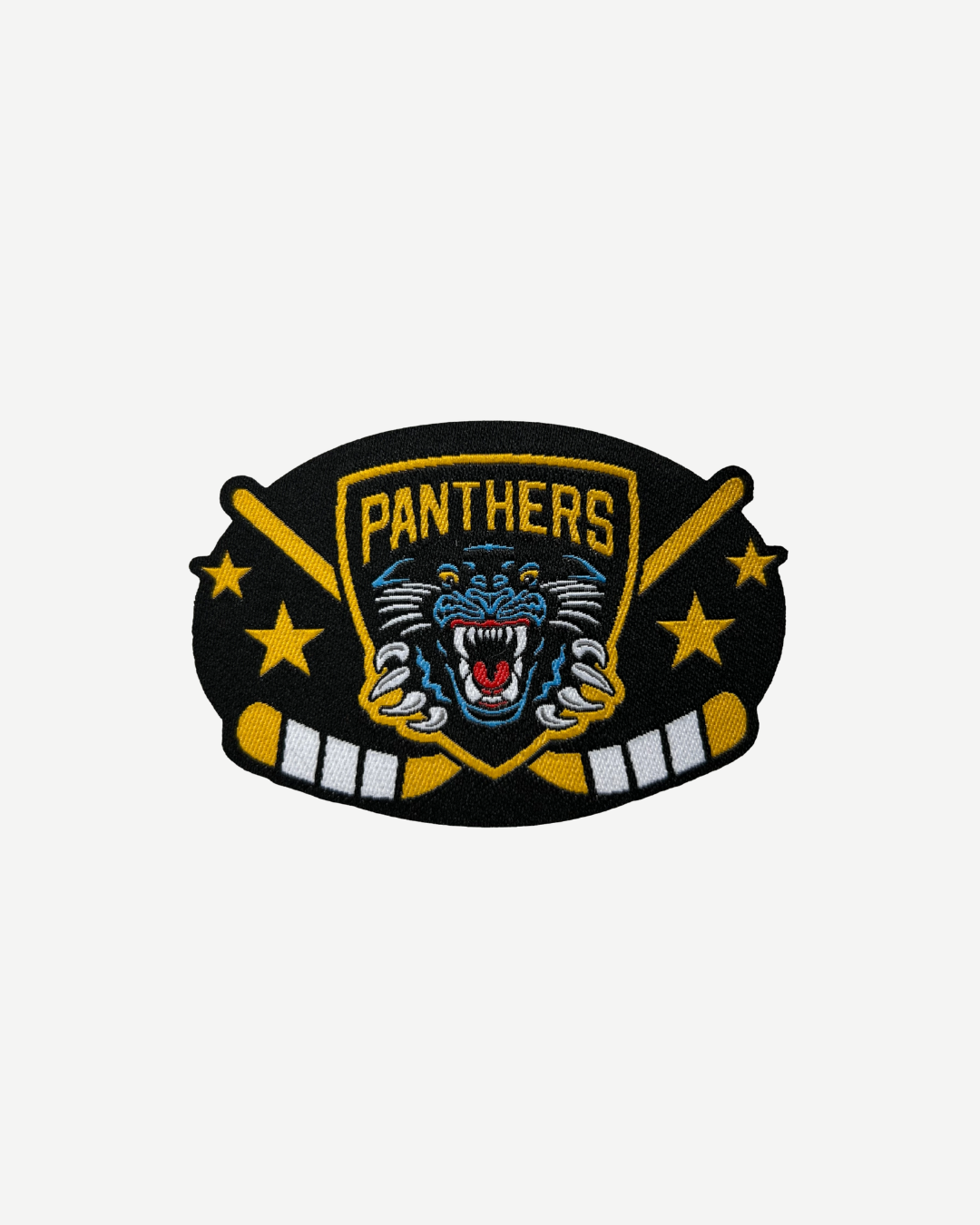 The Panthersland Nottingham Panthers Cross Patch features a snarling panther, crossed yellow sticks, three stars, and two pucks on black—ideal as an iron-on patch for Nottingham Panthers fans.