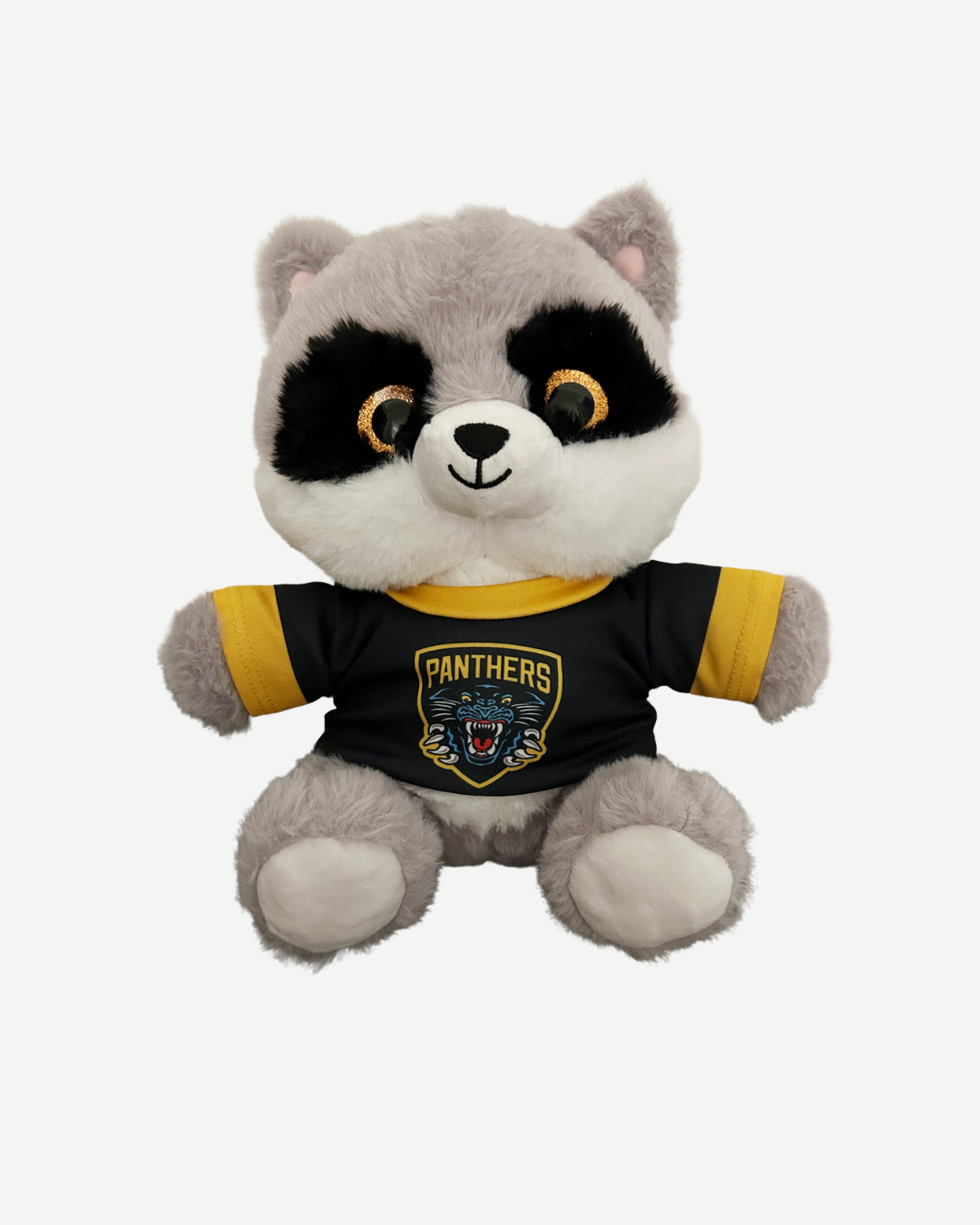 Plush toy raccoon wearing a Panthers shirt on a white background