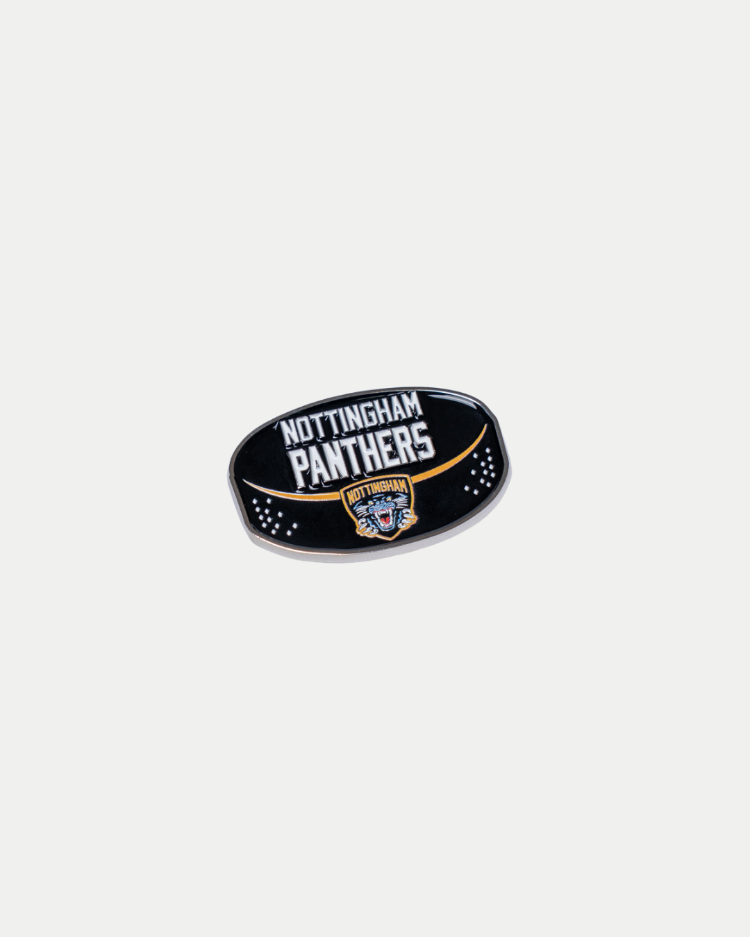 The Nottingham Panthers Puck Pin Badge by Panthersland features a black oval design with “Nottingham Panthers” in white text and the team’s colorful panther logo below, all set against a plain white background.