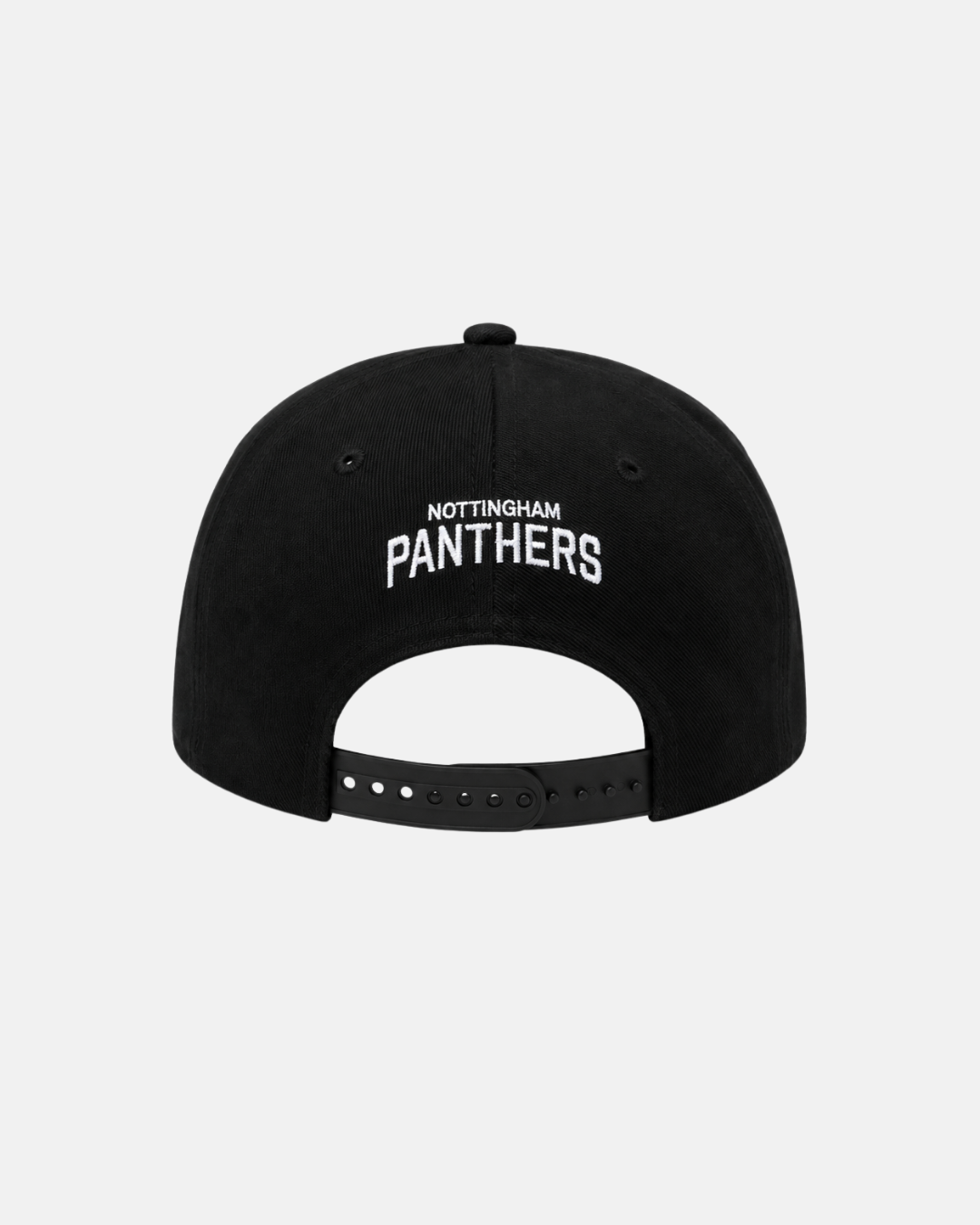 Nottingham Panthers 2026 Challenge Cup Champions Retro Snapback Cap displayed from the back, featuring “NOTTINGHAM PANTHERS” embroidered in white lettering above the adjustable strap.