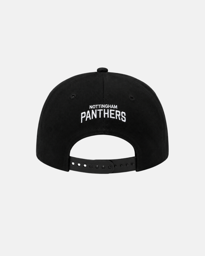 Nottingham Panthers 2026 Challenge Cup Champions Retro Snapback Cap displayed from the back, featuring “NOTTINGHAM PANTHERS” embroidered in white lettering above the adjustable strap.