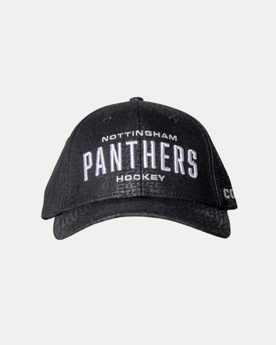 The Nottingham Panthers 25-26 CCM Black Adjustable Cap by Panthersland features "Nottingham Panthers Hockey" embroidered in white, a patterned underside brim, and a partial white logo on the left side.
