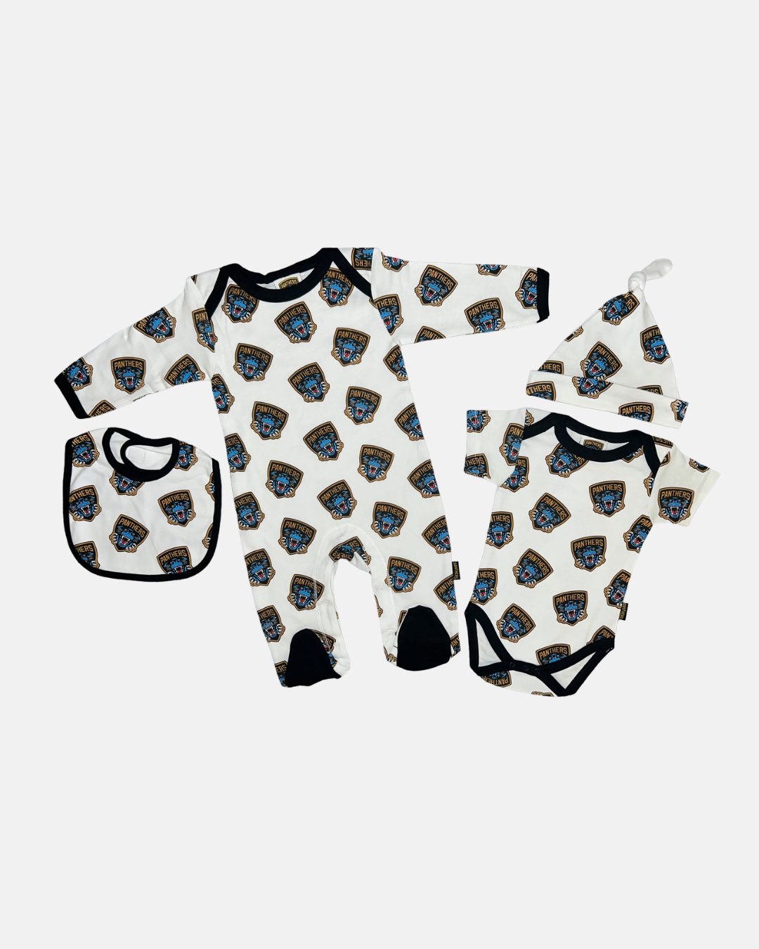 The Nottingham Panthers Baby Clothing Set by Panthersland features a matching bib, footed sleeper, bodysuit, and hat—ideal for newborns—in crisp white adorned with a repeating blue and gold Nottingham Panthers badge pattern. Displayed on a plain white background, this charming set of baby grows combines comfort with team spirit and style.