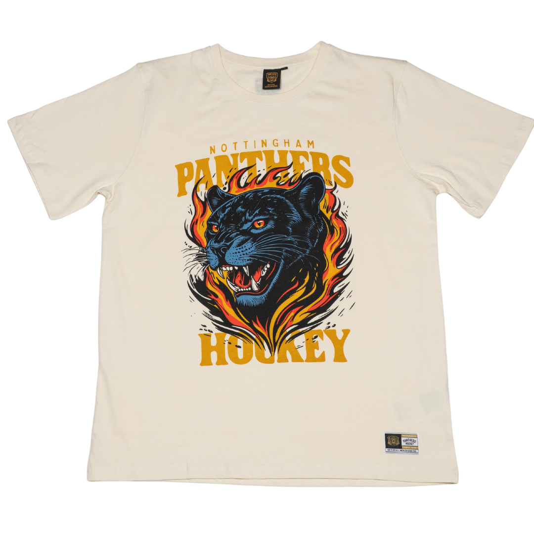 The Kids Nottingham Panthers T-shirt Off-White Large Print 25-26 by Panthersland features a roaring black panther graphic with flames and NOTTINGHAM PANTHERS HOCKEY in bold yellow above and below.