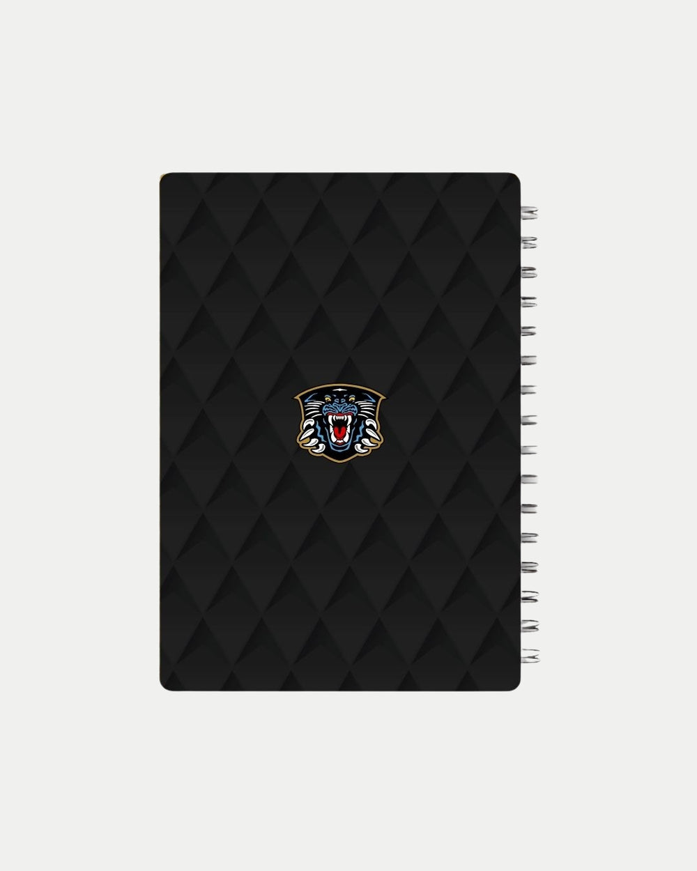 The Nottingham Panthers A5 Crop Block Logo Notebook features a black cover with a subtle diamond pattern and a bold central roaring panther logo.
