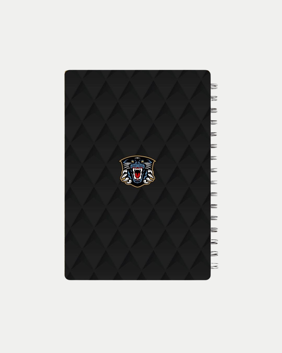 The Nottingham Panthers A5 Crop Block Logo Notebook features a black cover with a subtle diamond pattern and a bold central roaring panther logo.