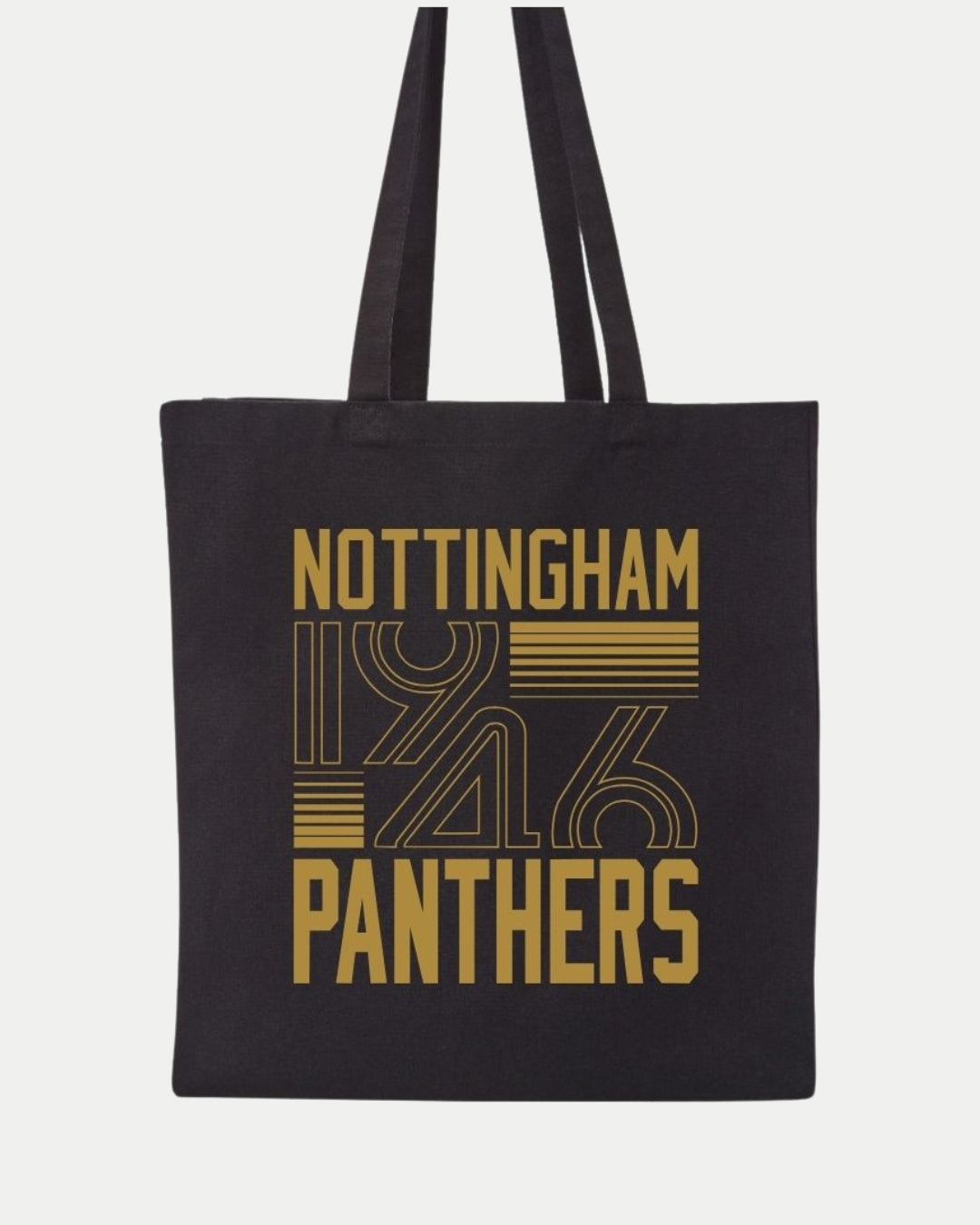 The Nottingham Panthers Black Logo Tote Bag features gold text with NOTTINGHAM PANTHERS and bold, geometric 1946 numbers—perfect for showcasing team pride and classic style.