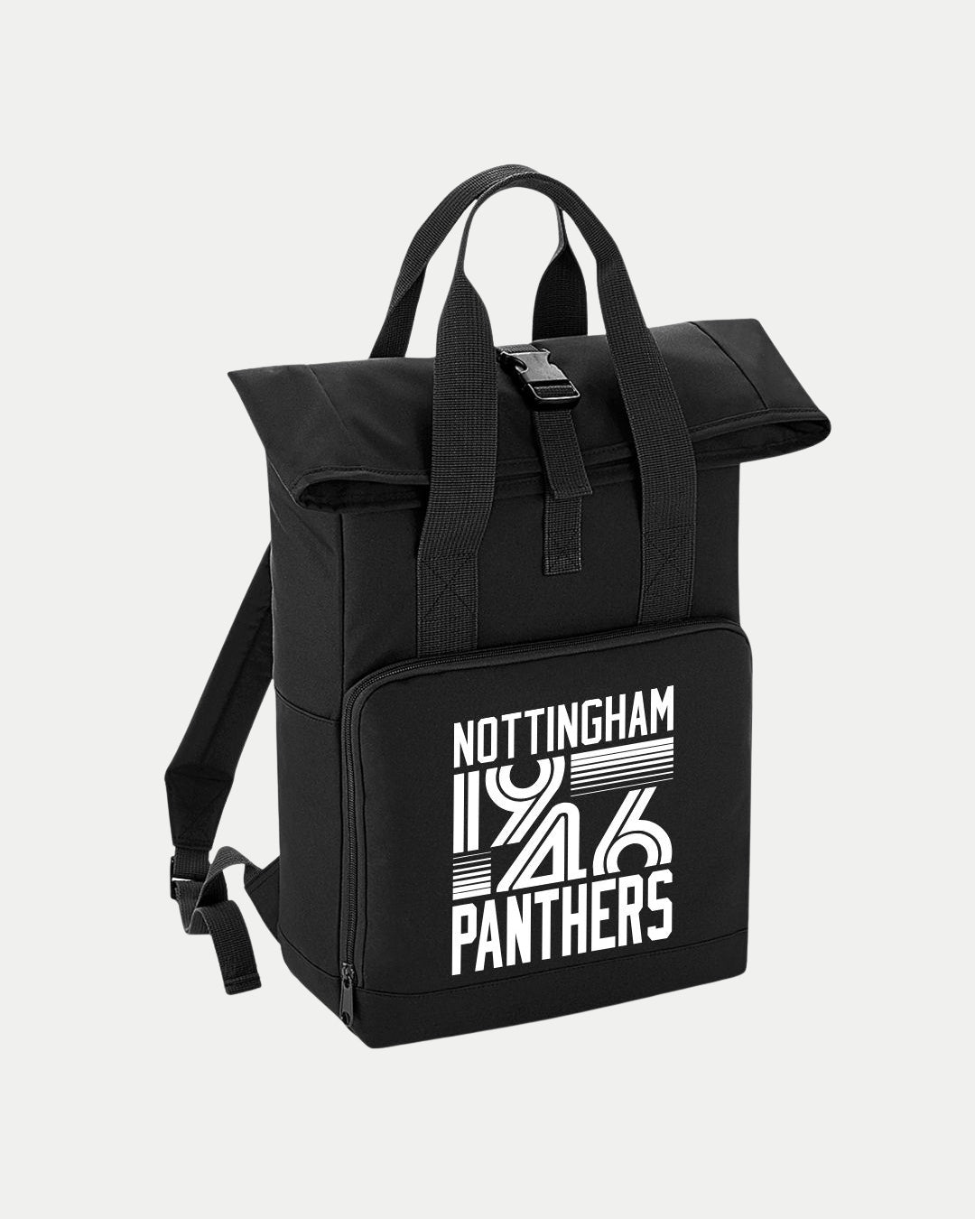 The Nottingham Panthers Logo Backpack is a black roll-top bag with a front pocket featuring “NOTTINGHAM 1946 PANTHERS” in bold white letters, two top handles, and adjustable shoulder straps for versatile comfort.