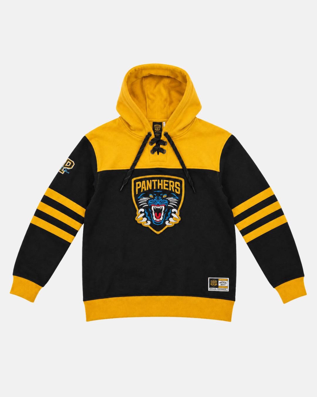 The Panthersland 26-27 Kids Gold Block Lace Hoodie features a striking black and yellow design with “Panthers” wording and a roaring panther logo on the front, yellow stripes on the sleeves, an embroidered NP logo, and a lace-up neckline—an ideal addition to any Nottingham Panthers hoodie collection.