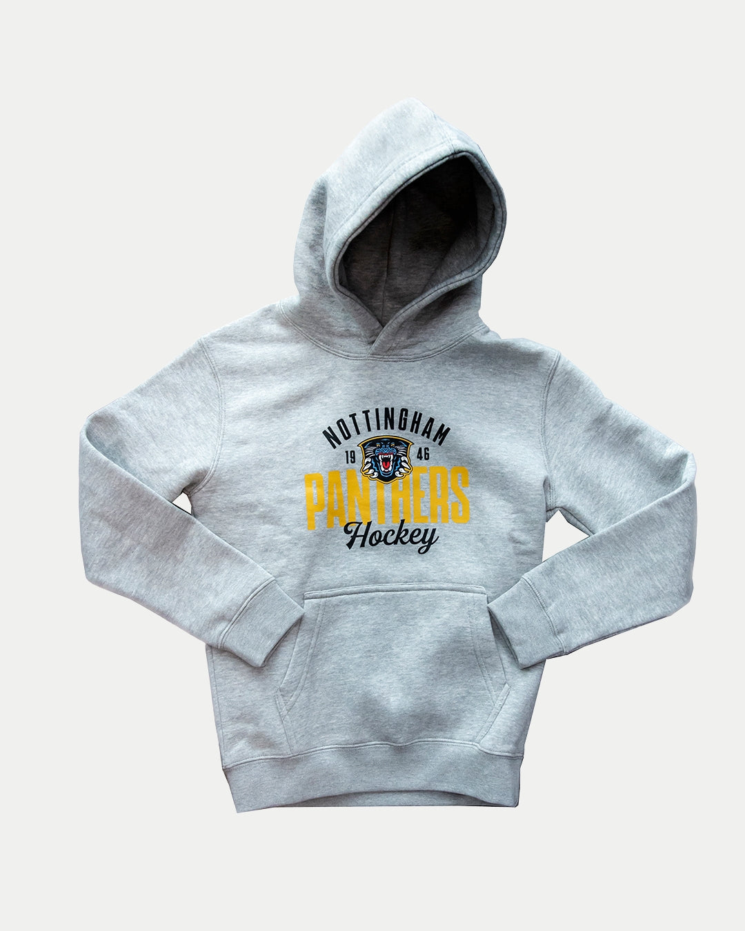 The Nottingham Panthers Logo Junior Pullover Hoodie is a light gray sweatshirt featuring “Nottingham Panthers Hockey 1946” and a colorful logo on the chest. This comfy hoodie includes a front pocket and is shown laid flat on a plain background.