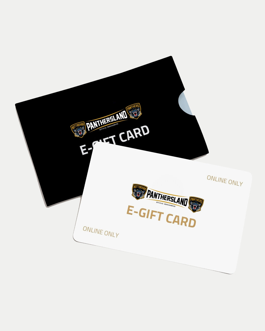 A black envelope labeled Panthers Shop e-Gift Card and a matching white card, both with The Nottingham Panthers logo and ONLINE ONLY text. Available exclusively at shop.panthers.co.uk.