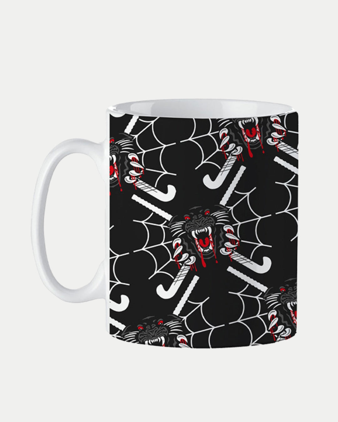 The Nottingham Panthers Spider Web Mug features a black background with roaring red-eyed panthers, crossed hockey sticks, and spiderwebs—perfect for spooky vibes this Halloween!.