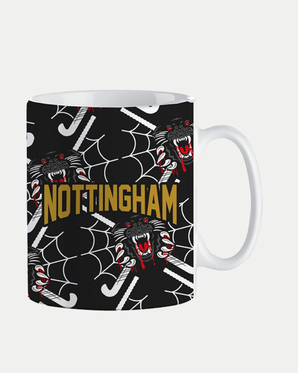 The Nottingham Panthers Spider Web Mug showcases black panther heads, spider webs, crossed hockey sticks, and bold “NOTTINGHAM” text—a perfect ceramic mug for fans of Halloween-inspired Panthers style!.