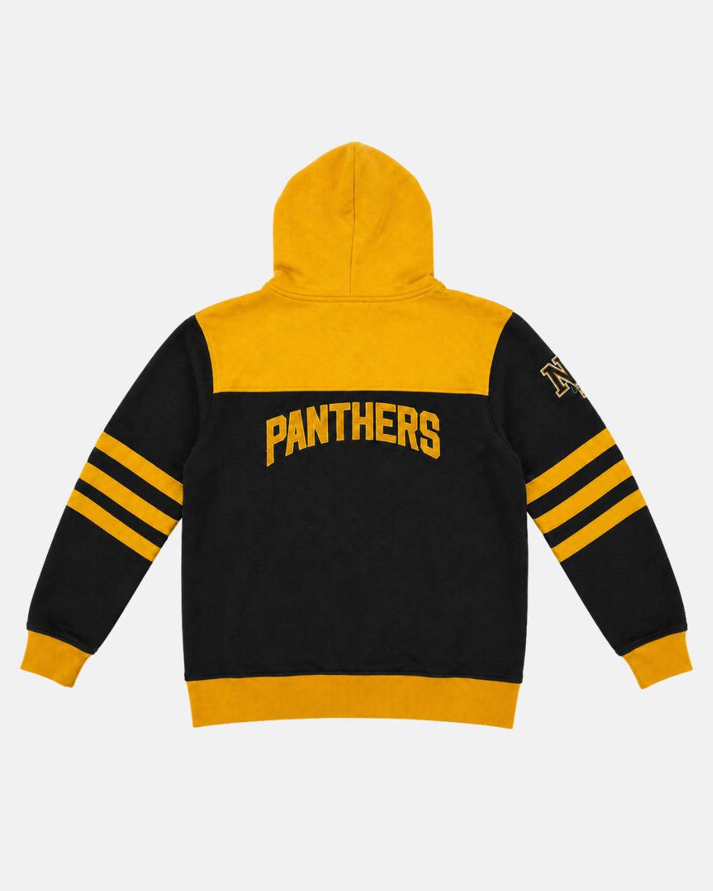 Introducing the Panthersland 26-27 Kids Gold Block Lace Hoodie: a striking black and yellow hooded jacket featuring “PANTHERS” in bold gold letters across the back, two gold stripes on each sleeve, and vibrant yellow accents on the cuffs, hem, and shoulders. This hoodie is finished with an embroidered NP logo for a standout look that dedicated Nottingham Panthers fans will love.