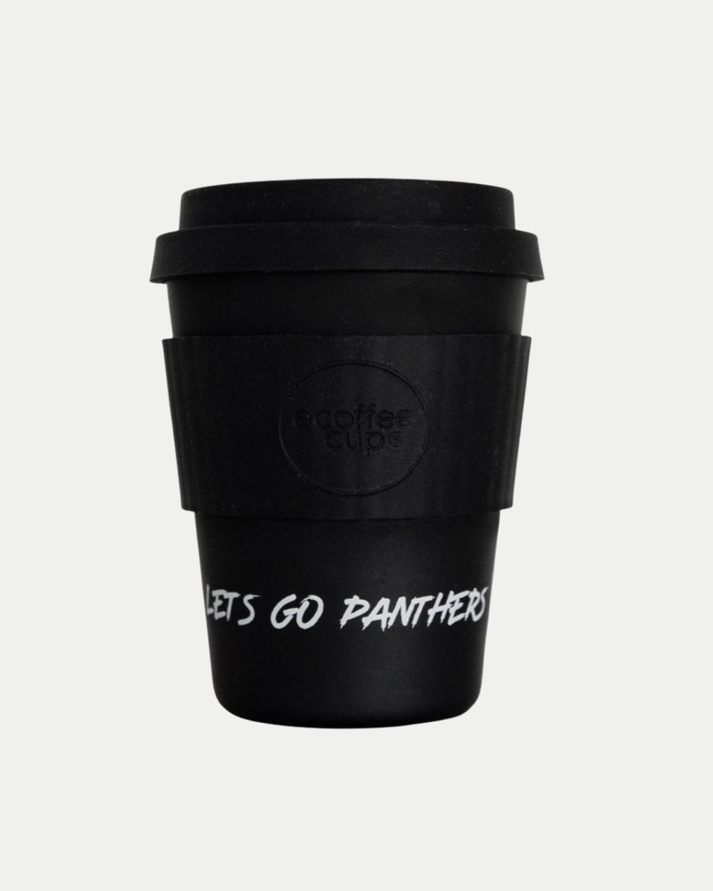 The Panthers Reusable Cup by Nottingham Panthers is a black bamboo fibre coffee cup with a black lid and grip, ecoffee cup embossed, and LETS GO PANTHERS in white—ideal for any Nottingham Panthers fan.