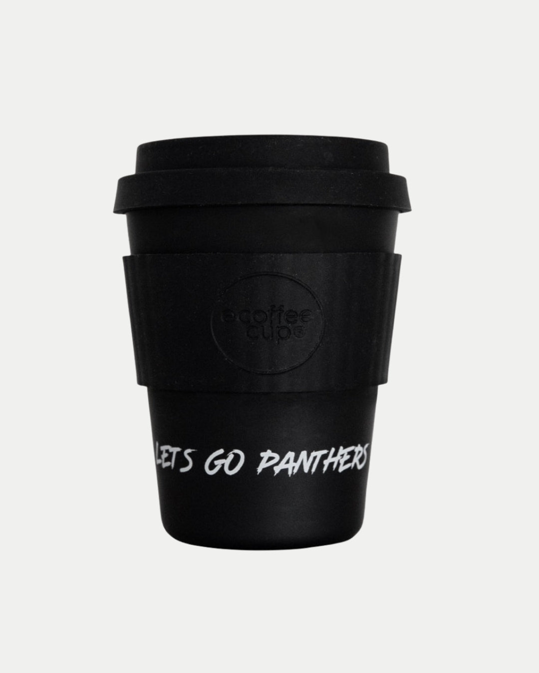 The Panthers Reusable Cup by Nottingham Panthers is a black bamboo fibre coffee cup with a black lid and grip, ecoffee cup embossed, and LETS GO PANTHERS in white—ideal for any Nottingham Panthers fan.