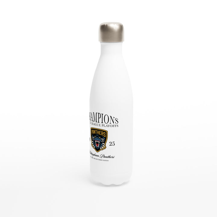 The 17oz Made To Order Champions Elite League Playoffs 2025 White Stainless Steel Water Bottle by Nottingham Panthers features a leak-proof silver cap, double-wall insulation, CHAMPIONS LEAGUE PLAYOFFS logo, Panthers emblem, and number 25.