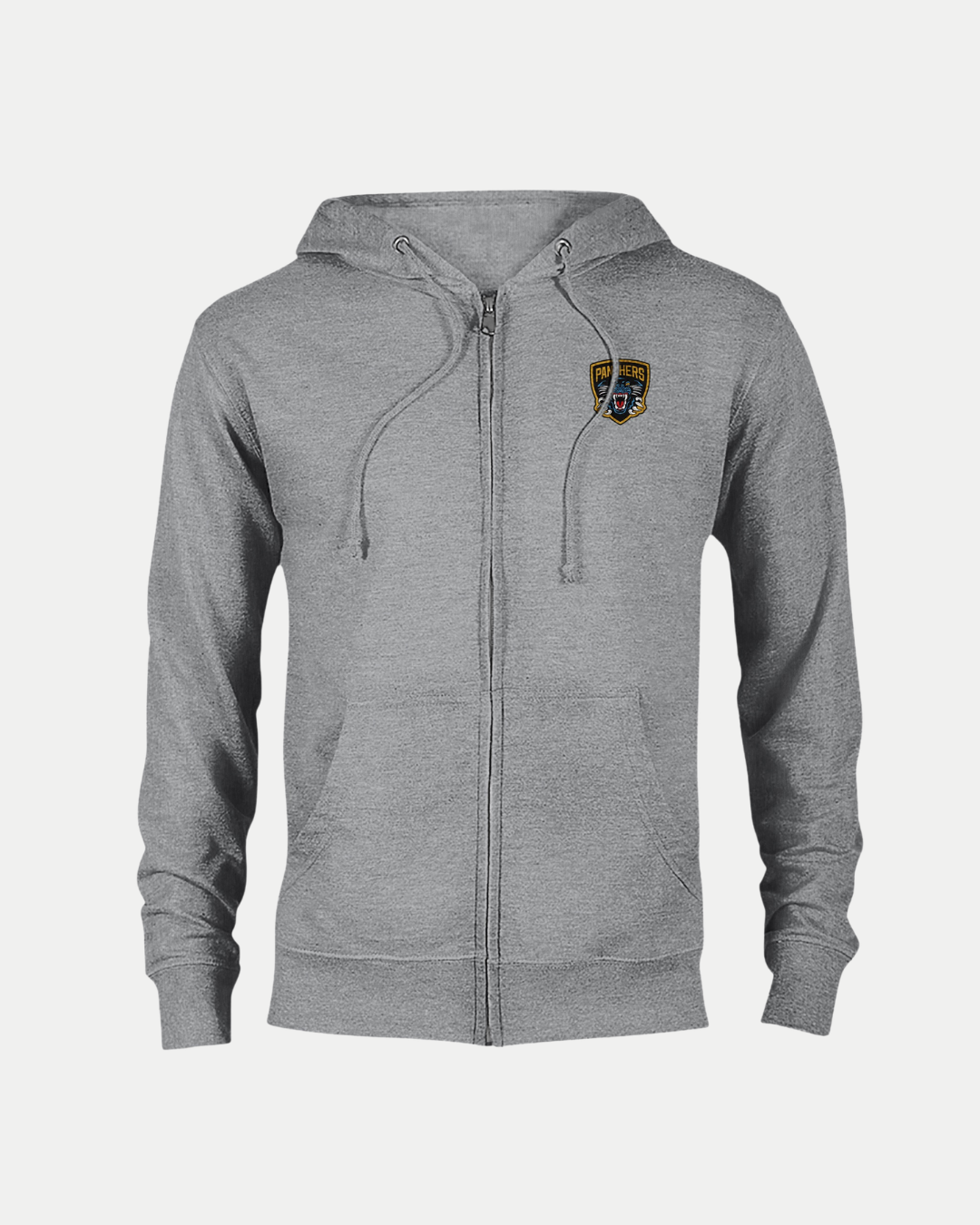 The Nottingham Panthers 2026 Challenge Cup Champions Zip Hoodie is a light gray organic cotton hoodie with a drawstring hood and a small, colorful shield patch on the left chest, made to order and shown on a plain white background.