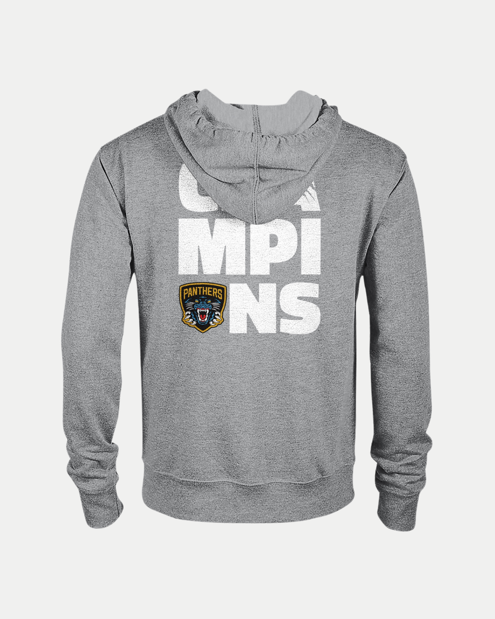 Gray recycled polyester zip hoodie, viewed from the back, displays large white "CHAMPIONS" text and the Nottingham Panthers hockey team logo underneath. Official Nottingham Panthers 2026 Challenge Cup Champions apparel.